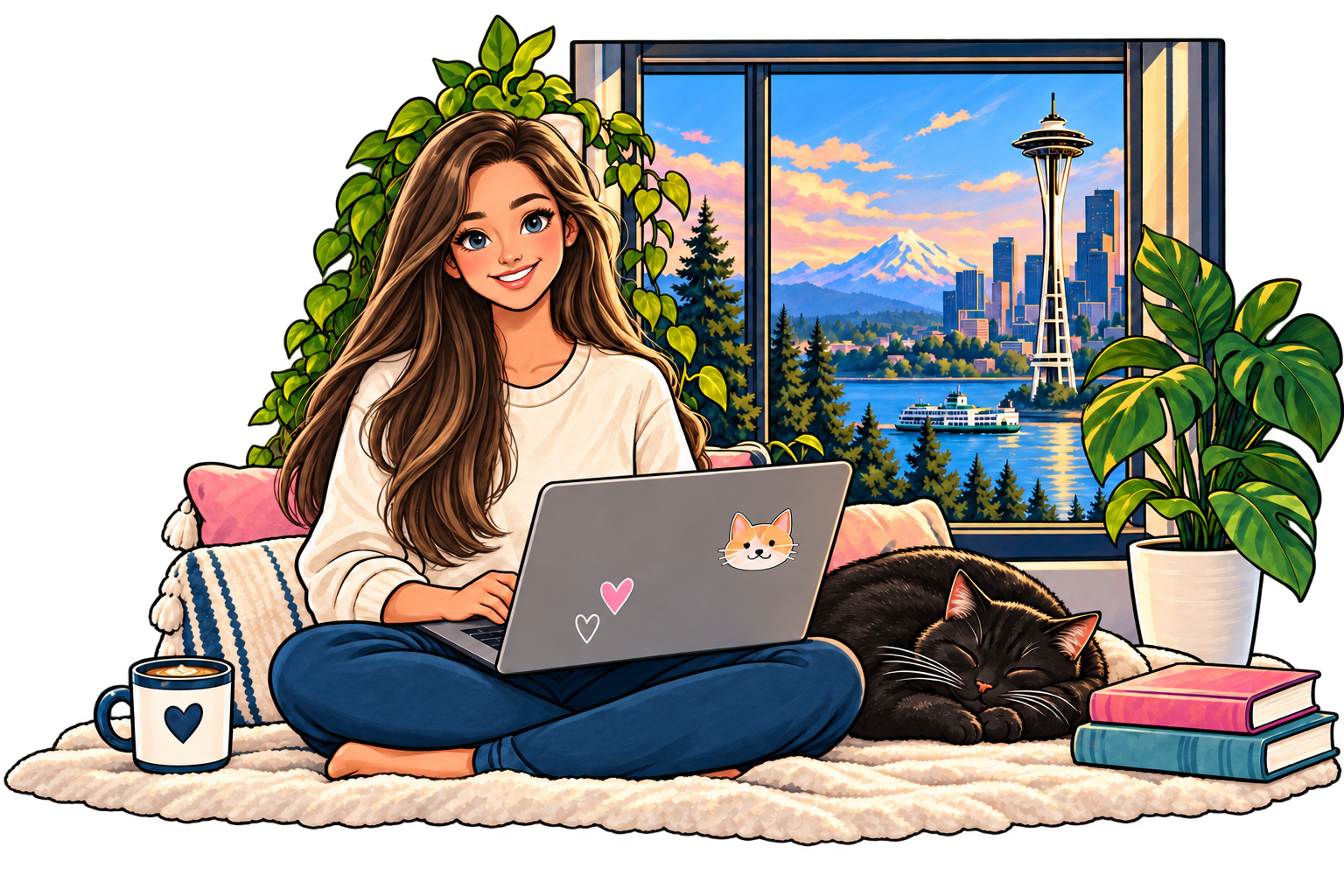 Illustration of Renee working beside a black cat with Seattle beyond the window